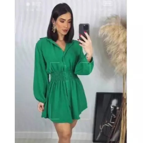 Chamise Manga Longa de Botões Lastex na Cintura, Vestido Feminino.
