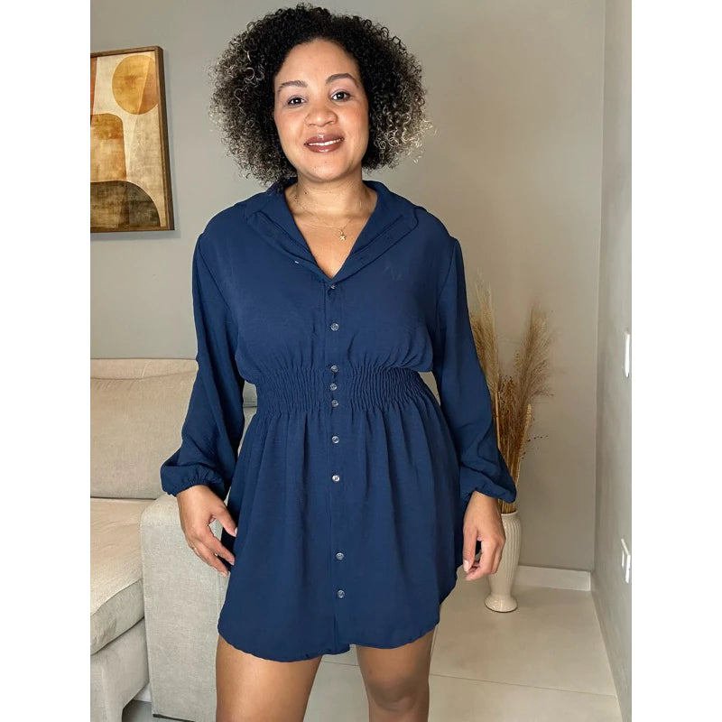 Chamise Manga Longa de Botões Lastex na Cintura, Vestido Feminino.