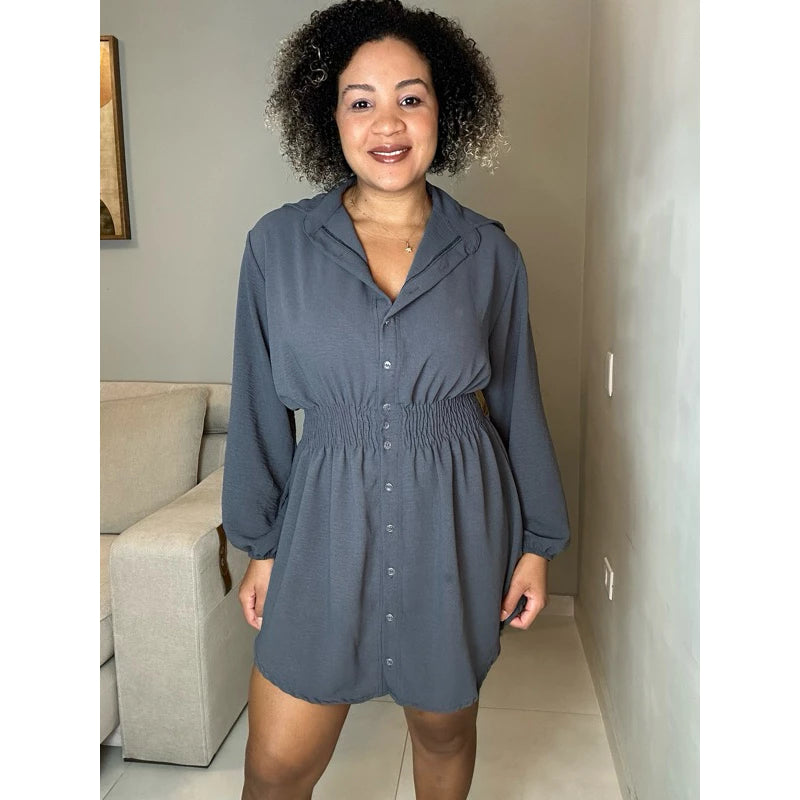 Chamise Manga Longa de Botões Lastex na Cintura, Vestido Feminino.