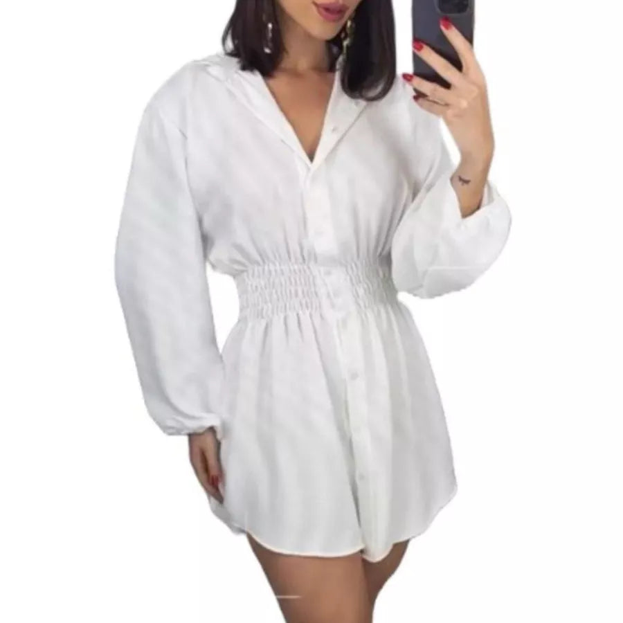 Chamise Manga Longa de Botões Lastex na Cintura, Vestido Feminino.