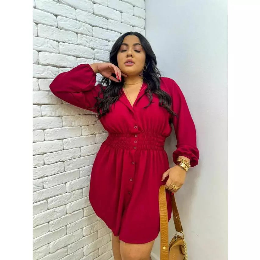 Chamise Manga Longa de Botões Lastex na Cintura, Vestido Feminino.