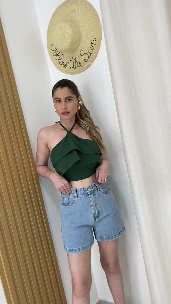 Cropped de Babado com Amarração no Pescoço Feminino Simples Glamour