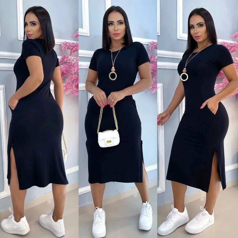 vestido midi de bolso, estampado e tecido viscola laycra. Simples Glamour