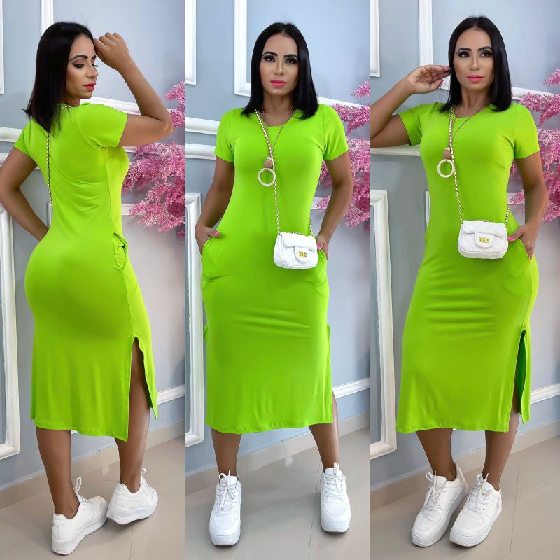 vestido midi de bolso, estampado e tecido viscola laycra.