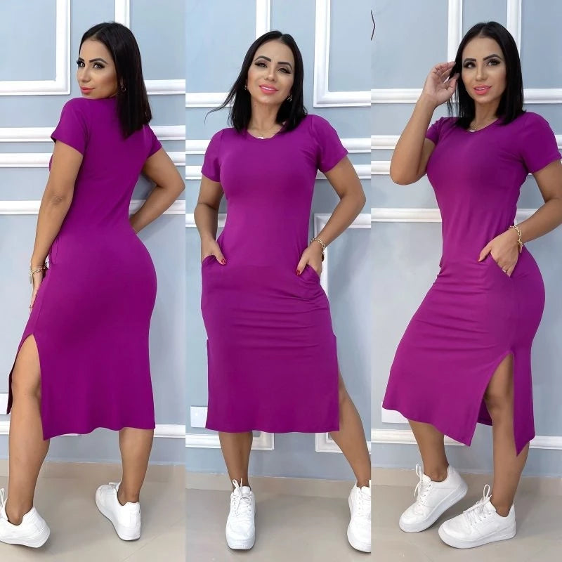 vestido midi de bolso, estampado e tecido viscola laycra.