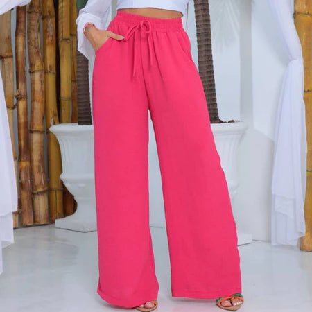 Calça Pantalona Feminina Tecido Duna com Elástico na Cintura