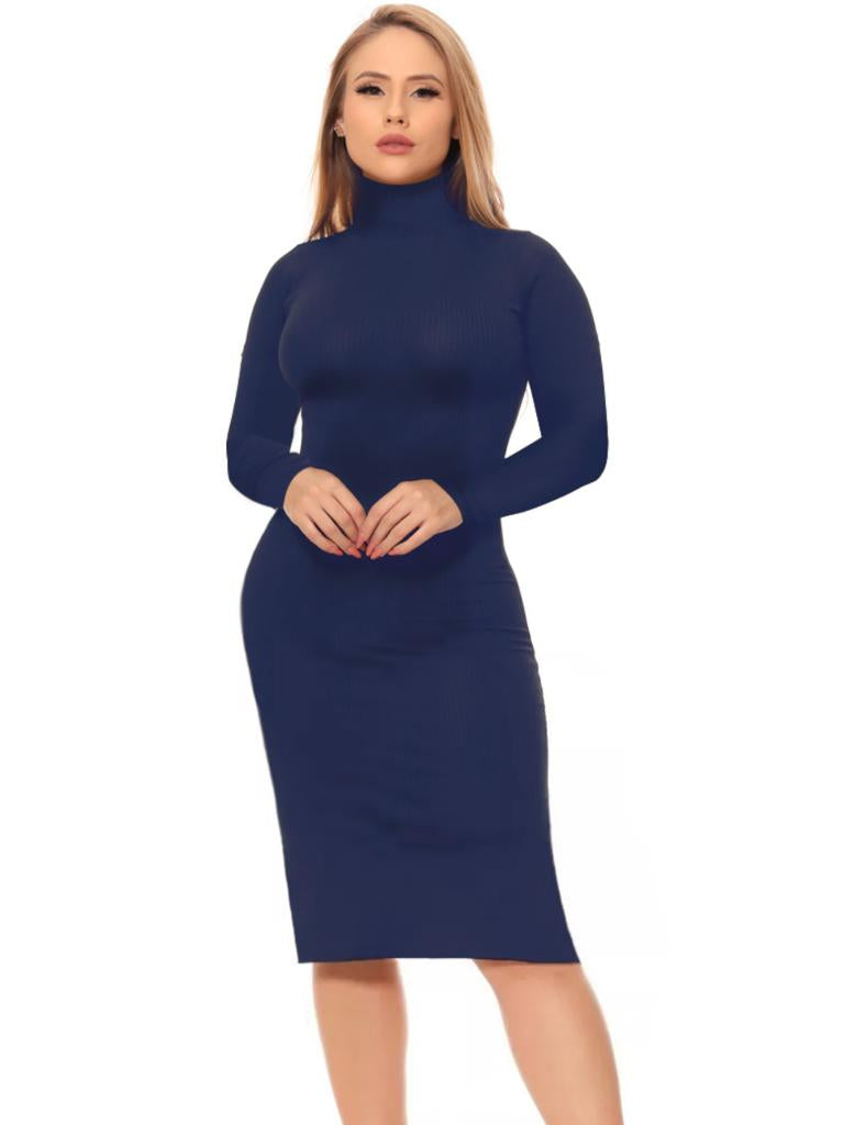 Vestido Midi Feminino Canelado com Gola e Manga Longa