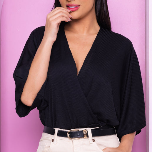 Cropped Transpassado Feminino Decote V Manga Morcego