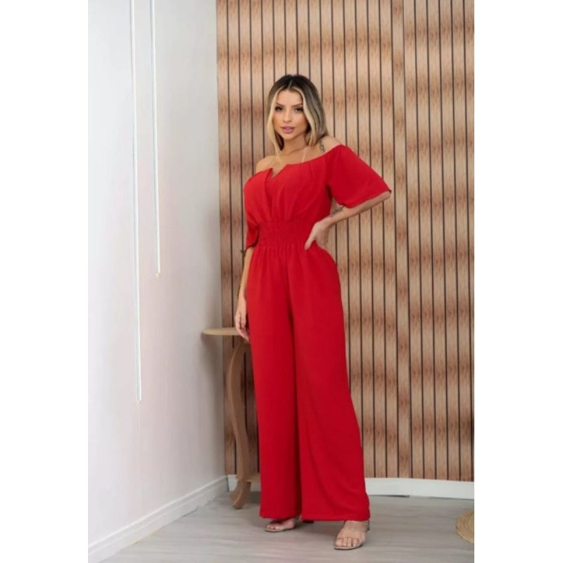 Macacão Longo Feminino Ciganinha Ombro a Ombro – Pantalona com Decote em V e Bojo