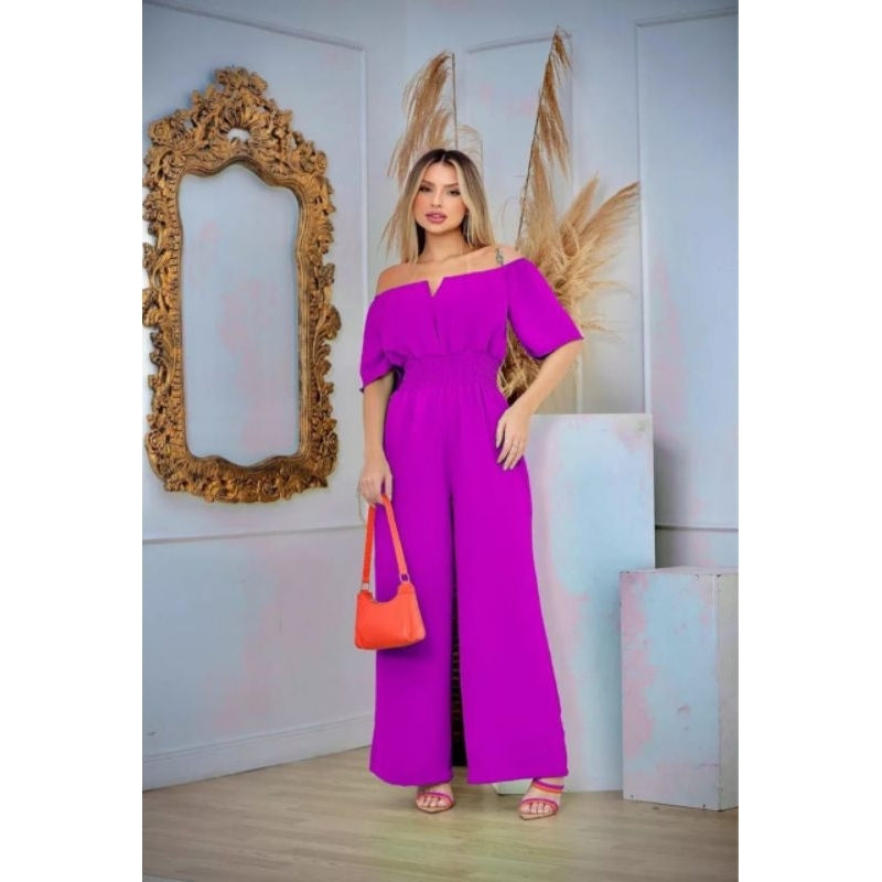 Macacão Longo Feminino Ciganinha Ombro a Ombro – Pantalona com Decote em V e Bojo