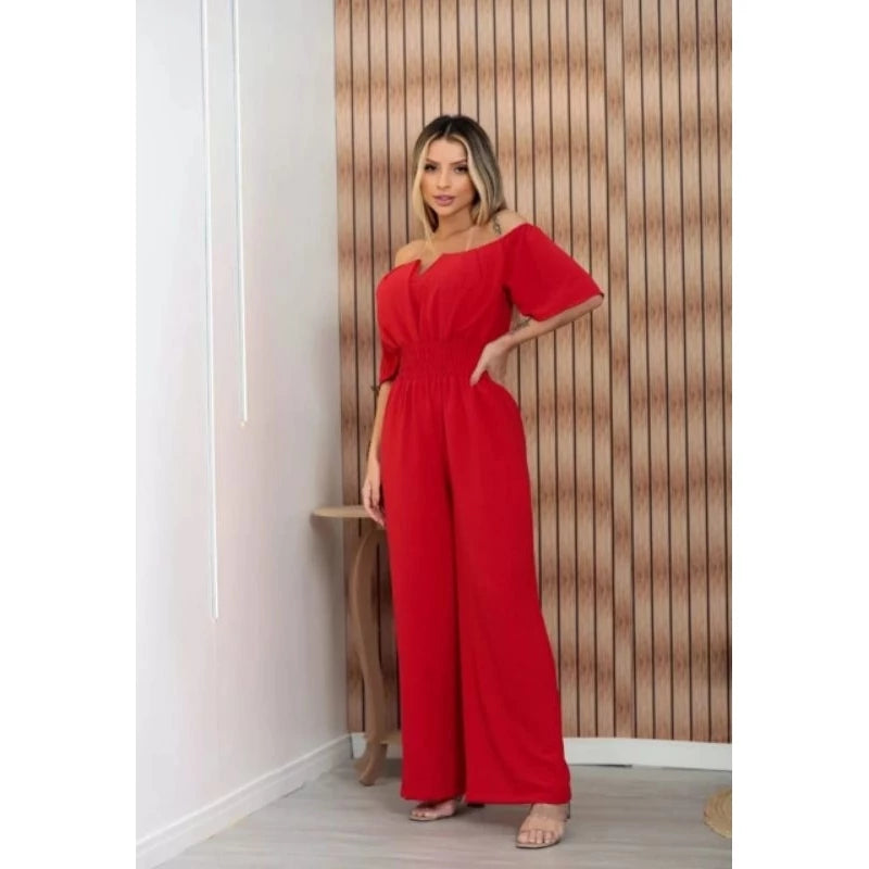 Macacão Longo Feminino Ciganinha Ombro a Ombro – Pantalona com Decote em V e Bojo