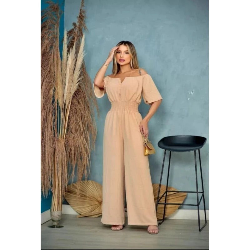 Macacão Longo Feminino Ciganinha Ombro a Ombro – Pantalona com Decote em V e Bojo