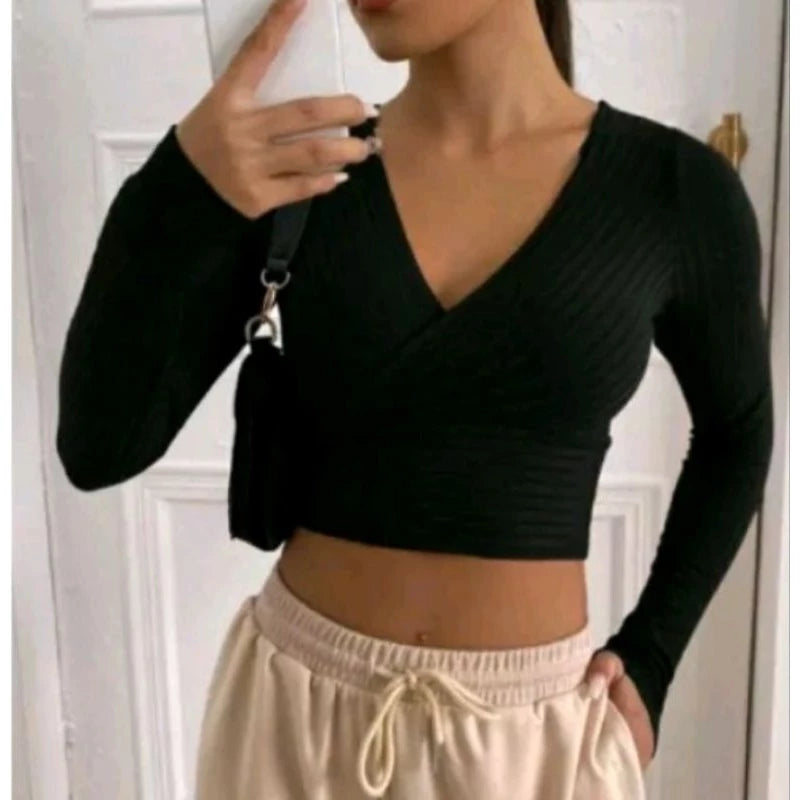 Cropped Transpassado Manga longa Canelado