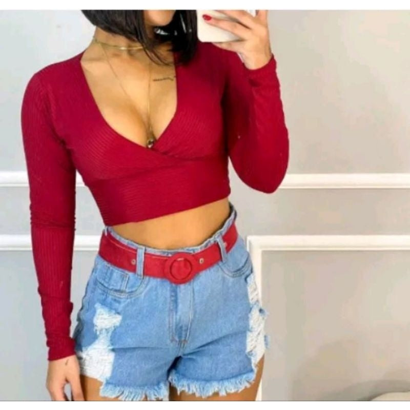 Cropped Transpassado Manga longa Canelado