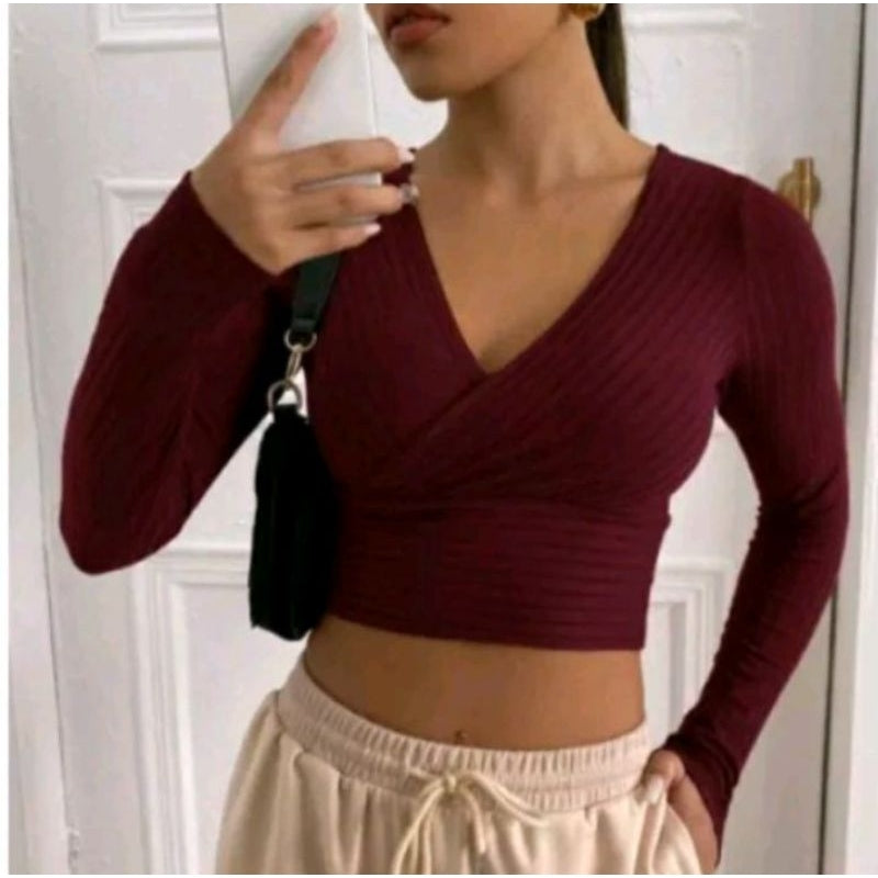 Cropped Transpassado Manga longa Canelado Simples Glamour