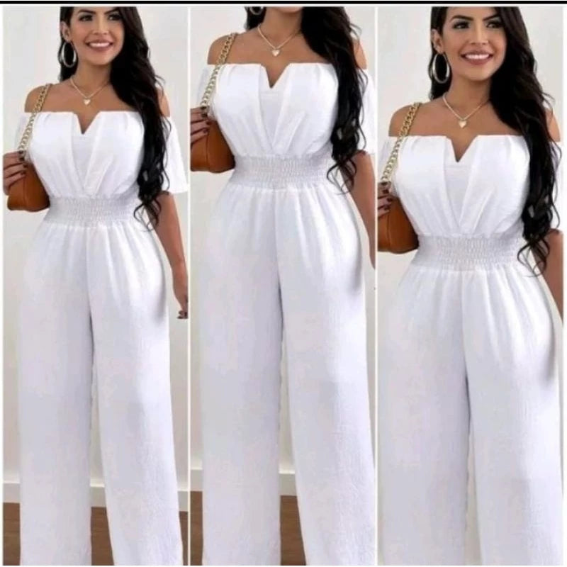 Macacão Longo Feminino Ciganinha Ombro a Ombro – Pantalona com Decote em V e Bojo