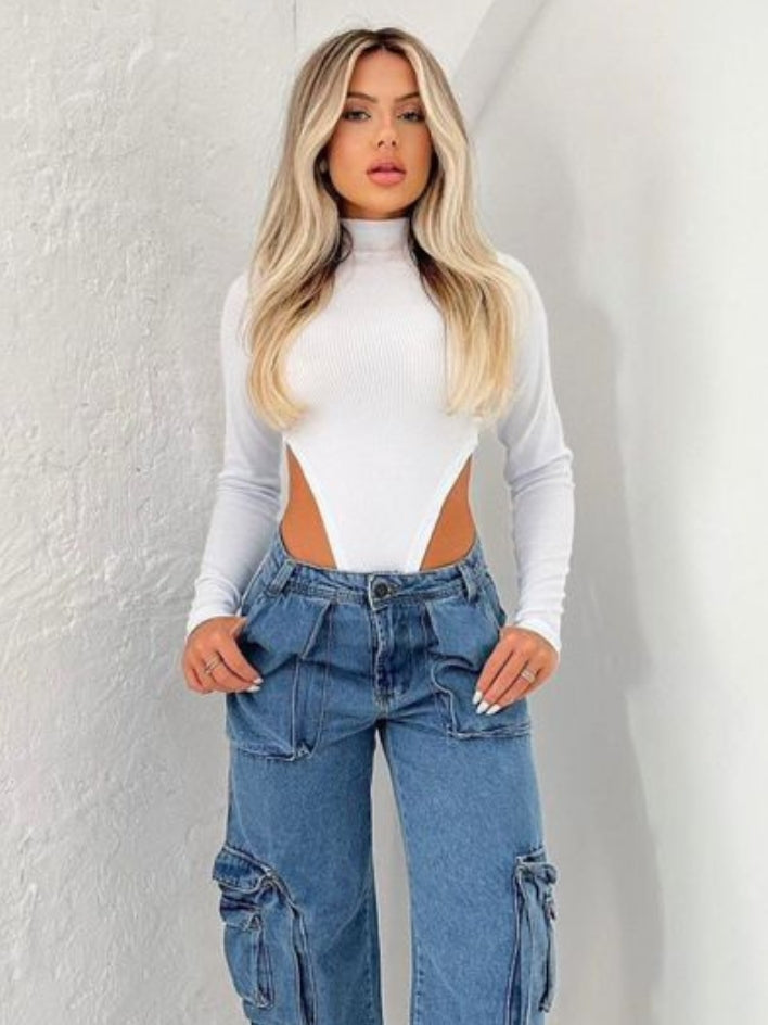 Body Collant Feminino Cavado Gola Alta Manga Longa