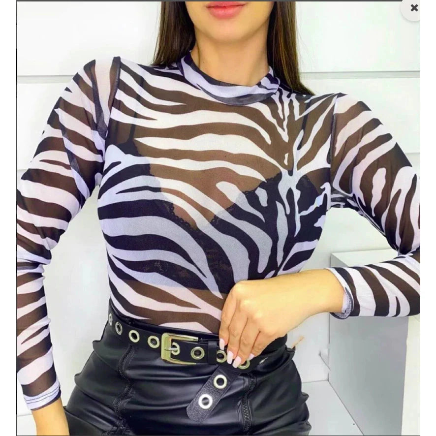 Body Tule Estampa Onça Animal Print Transparente Manga Longa Simples Glamour