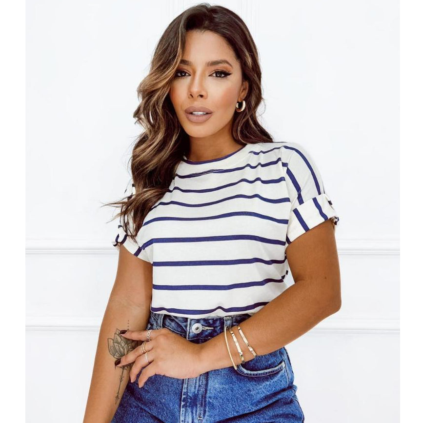 Blusa Listrada Feminina T-Shirt Manga Japonesa
