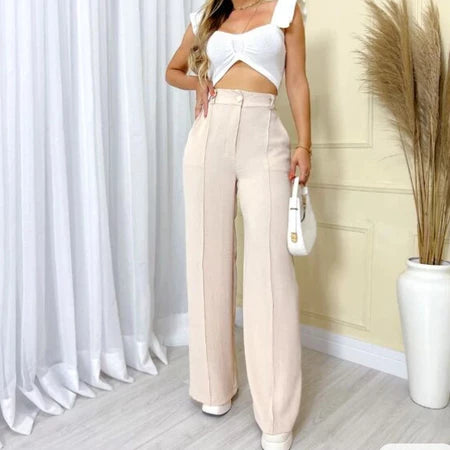 Calça Feminina Pantalona Wide Leg Duna com Botão