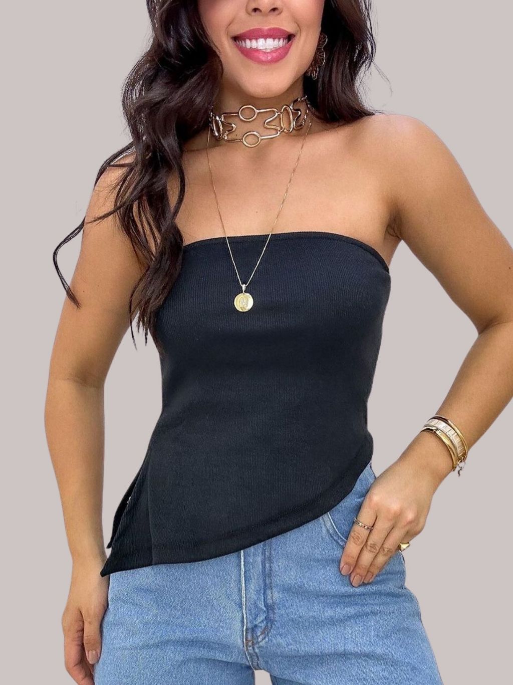 Blusa Tomara que Caia Assimétrica Canelada