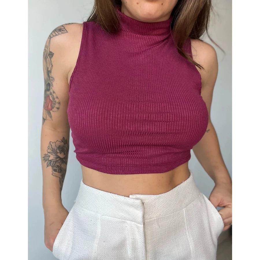 Cropped Canelado Gola Alta Simples Glamour