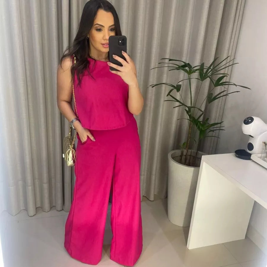 Conjunto Alfaiataria Social Feminino Calça e Blusa Em Linho