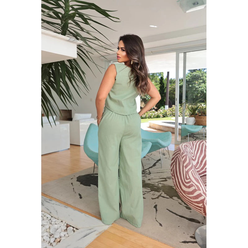Conjunto Alfaiataria Social Feminino Calça e Blusa Em Linho