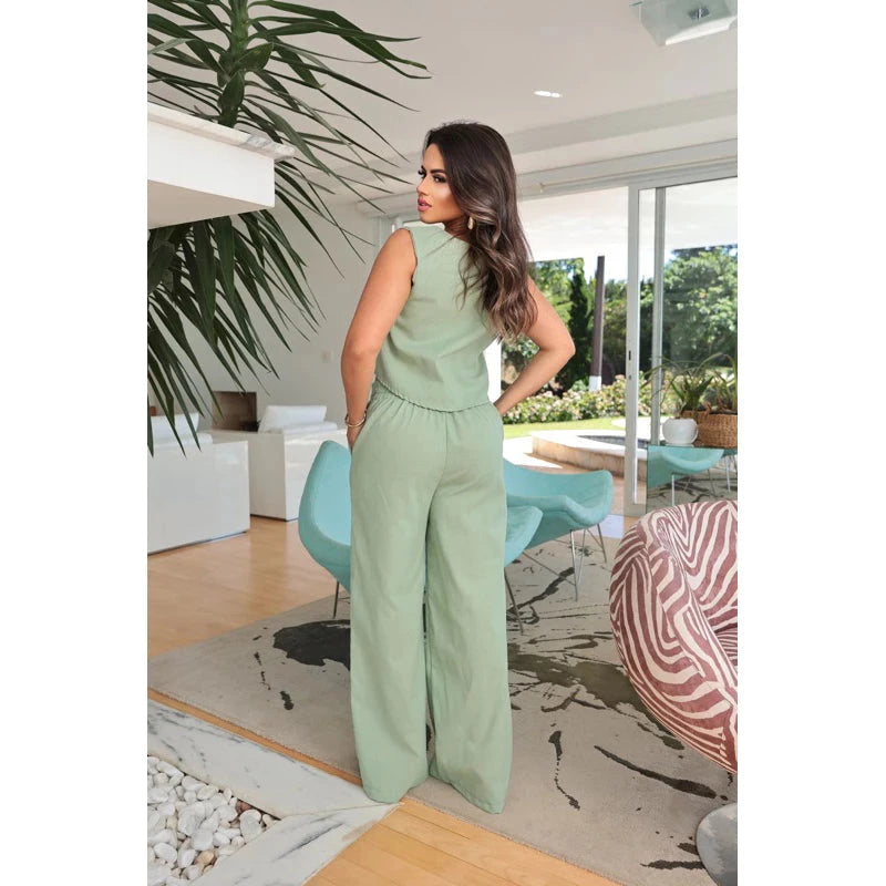 Conjunto Alfaiataria Social Feminino Calça e Blusa Em Linho Simples Glamour