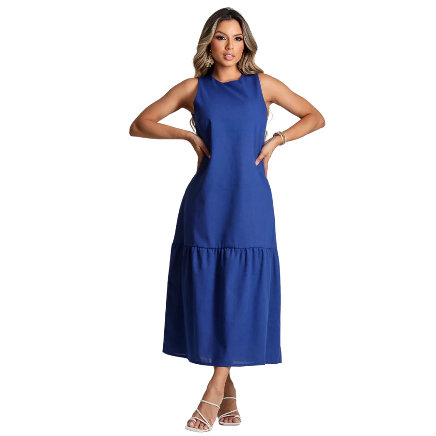 Vestido Feminino Elegante Festa Linho Soltinho Regata Liso
