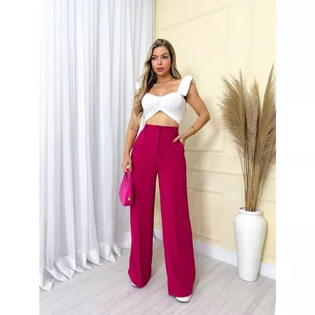 Calça Feminina Pantalona Wide Leg Duna com Botão