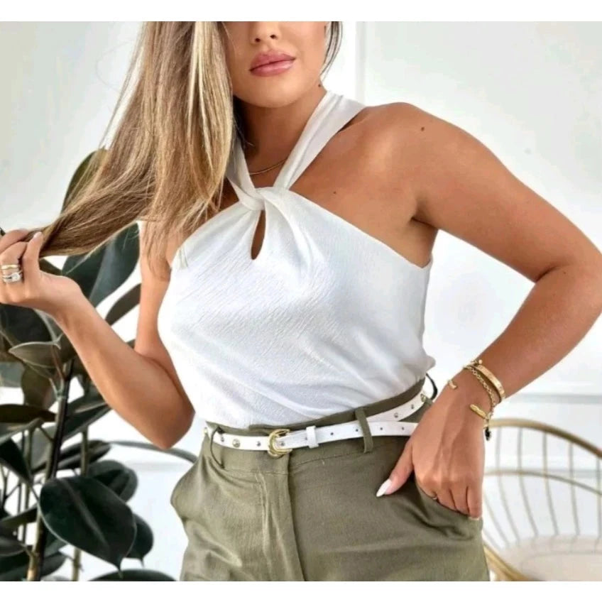 Blusa Feminina Elegante Nó Gola Transpassada Simples Glamour