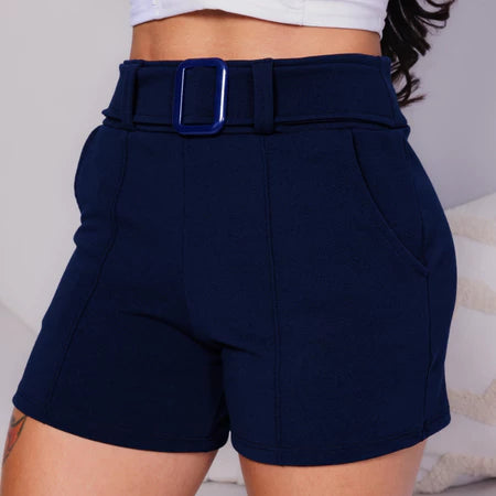 Shorts Feminino Cintura Alta em Malha Crepe com Fivela e Bolso
