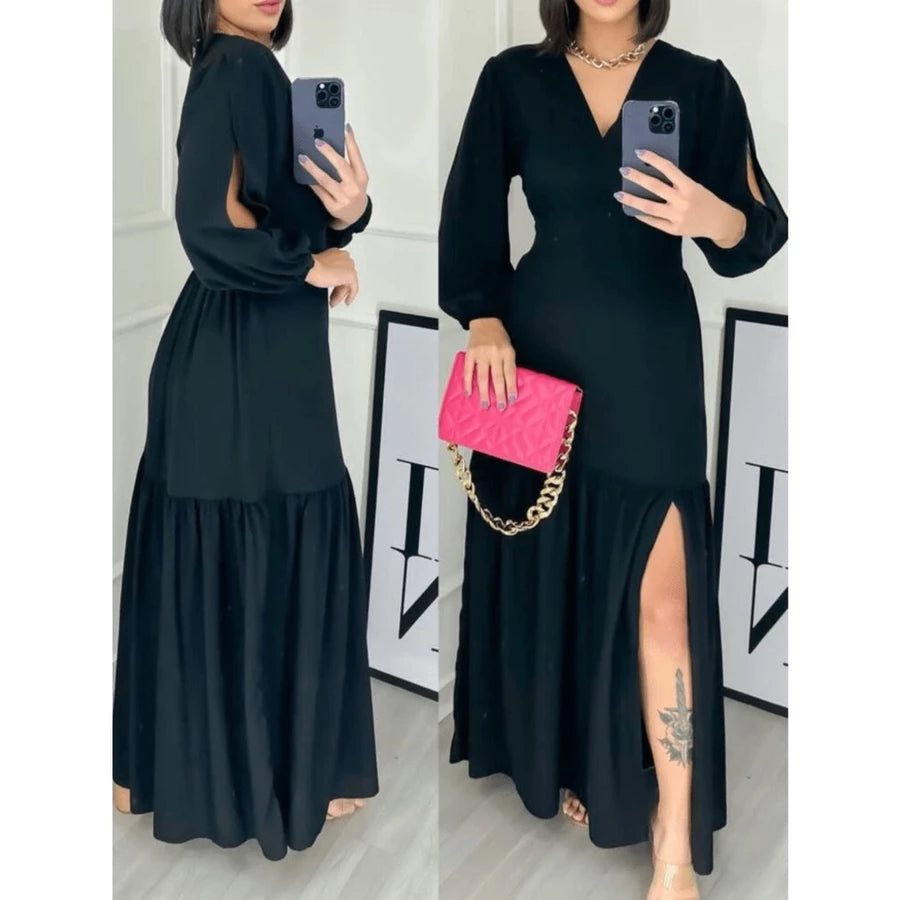 Vestido manga 3/4 com fenda longo feminino tecido Duna e viscolinho abertura nas Manga.