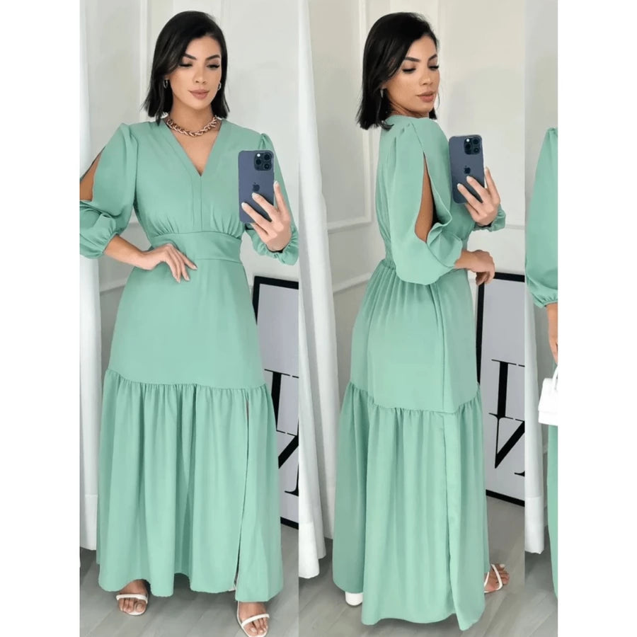 Vestido manga 3/4 com fenda longo feminino tecido Duna e viscolinho abertura nas Manga.
