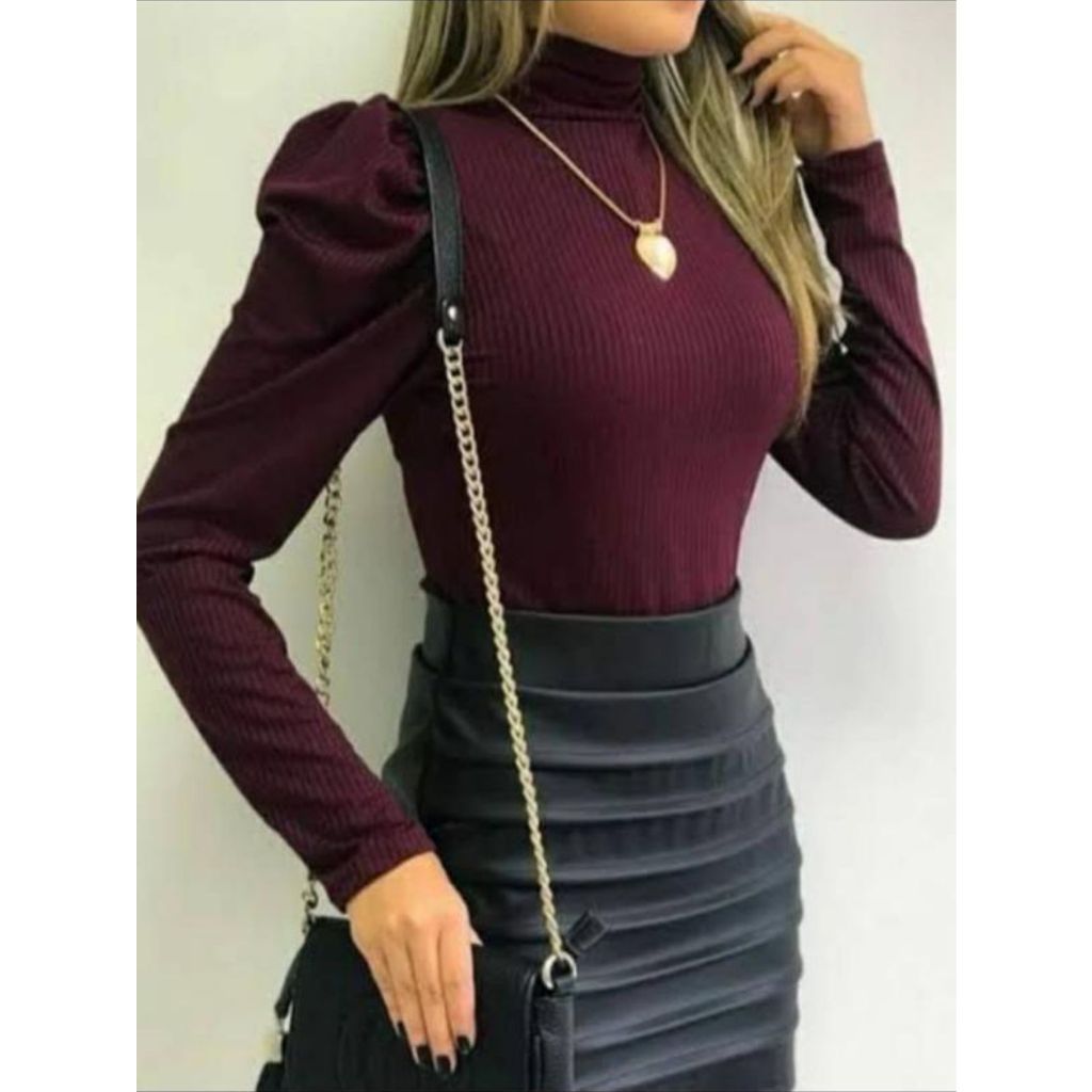 Blusa Feminina Manga Longa Princesa Gola Alta - Malha Canelada