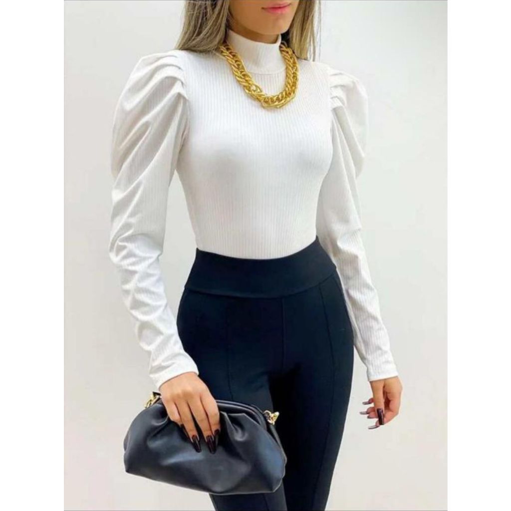 Blusa Feminina Manga Longa Princesa Gola Alta - Malha Canelada