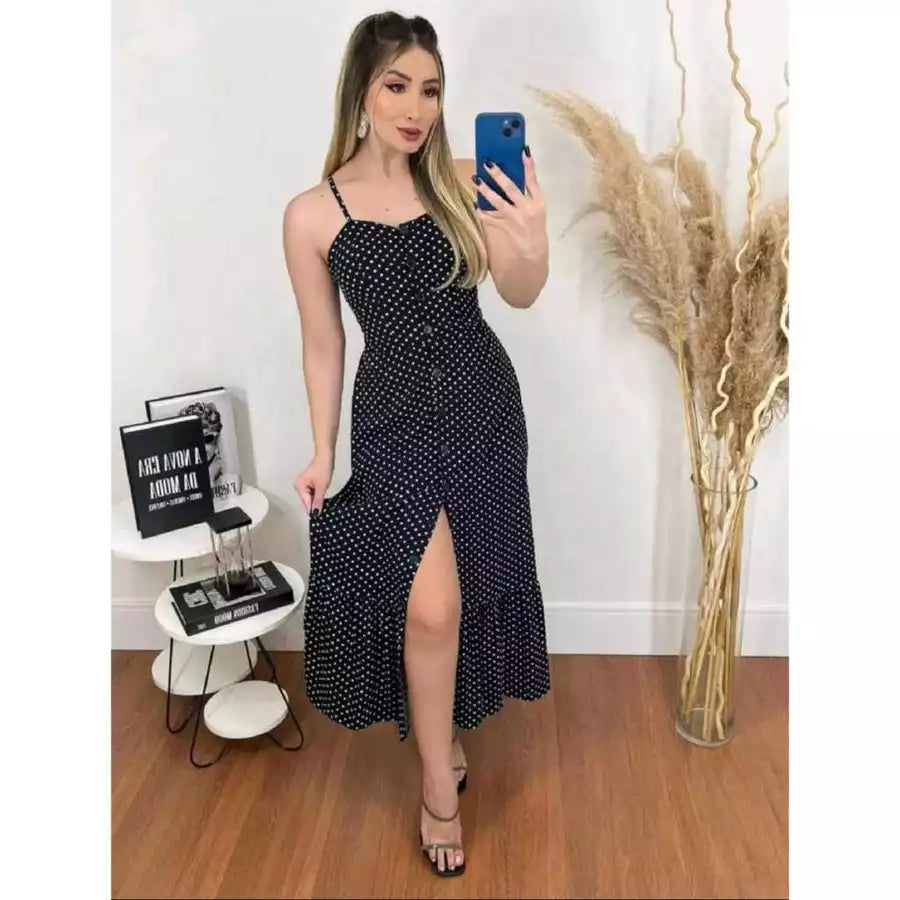 Vestido feminino longo alça botão na frente fenda Mídi soltinho viscose Babado elegante alcinha