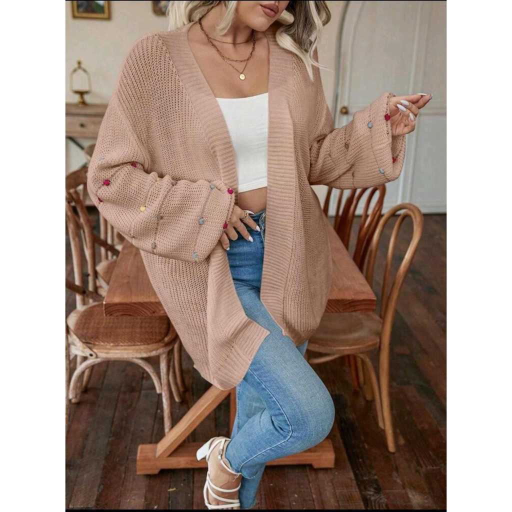 Casaco Feminino Cardigan Tricô Grosso Longo Com detalhe Manga Colorida