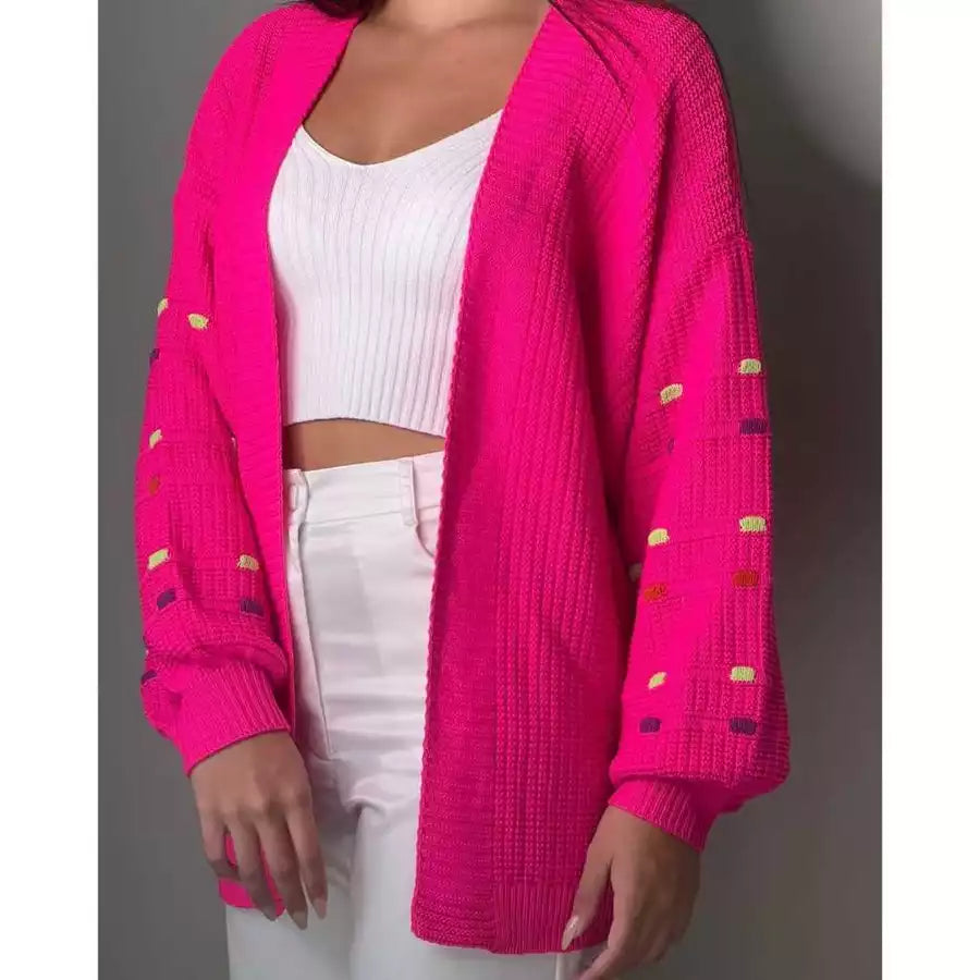 Casaco Feminino Cardigan Tricô Grosso Longo Com detalhe Manga Colorida