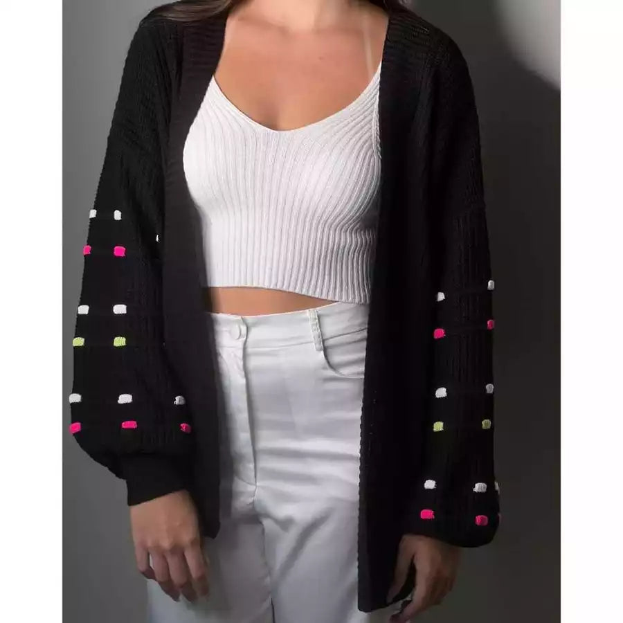 Casaco Feminino Cardigan Tricô Grosso Longo Com detalhe Manga Colorida