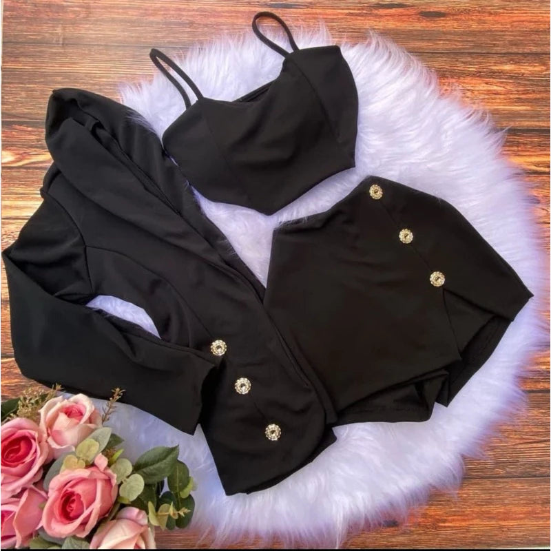 Conjunto Social Feminino 3 Peças Blazer + cropped + short saia com detalhes Trijunto