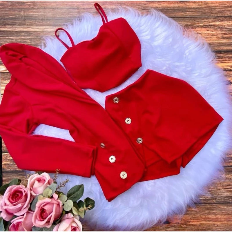 Conjunto Social Feminino 3 Peças Blazer + cropped + short saia com detalhes Trijunto