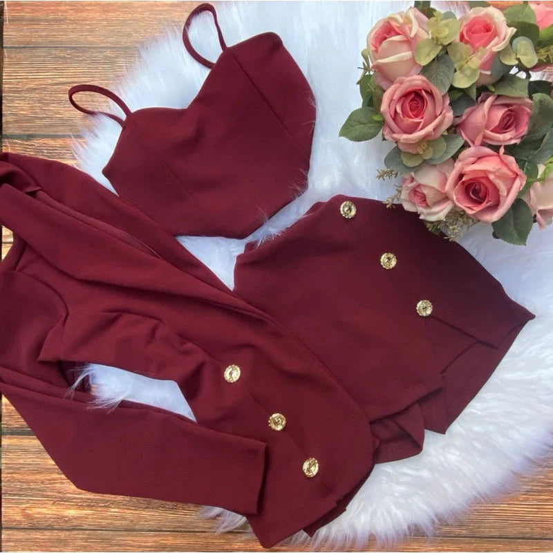 Conjunto Social Feminino 3 Peças Blazer + cropped + short saia Simples Glamour