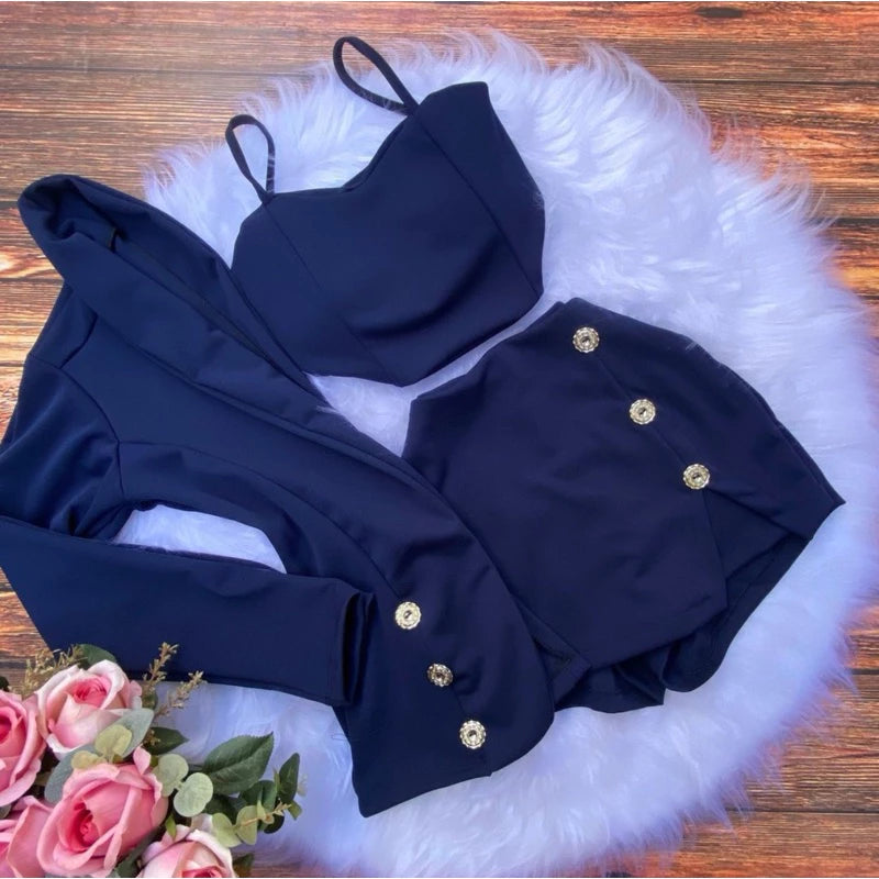 Conjunto Social Feminino 3 Peças Blazer + cropped + short saia com detalhes Trijunto
