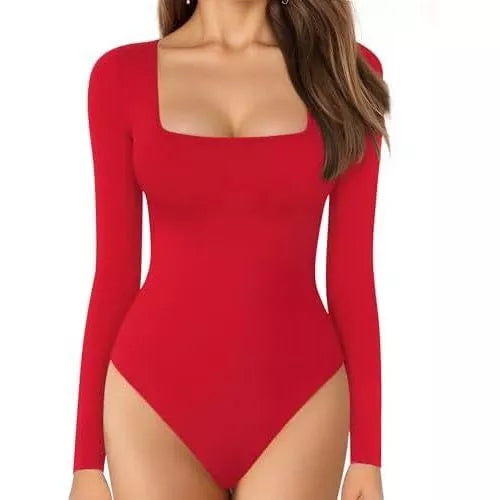 Body Casual Feminino Decote Quadrado Manga Longa