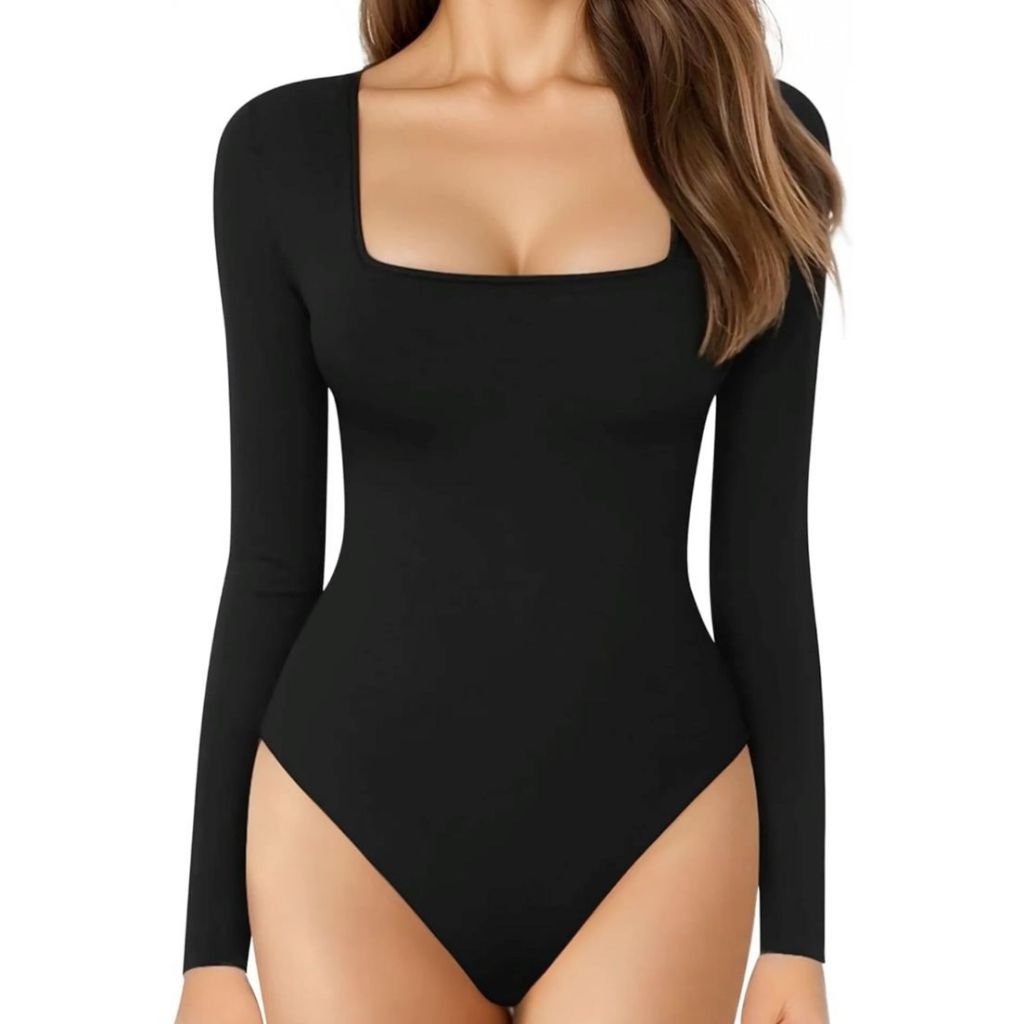 Body Casual Feminino Decote Quadrado Manga Longa