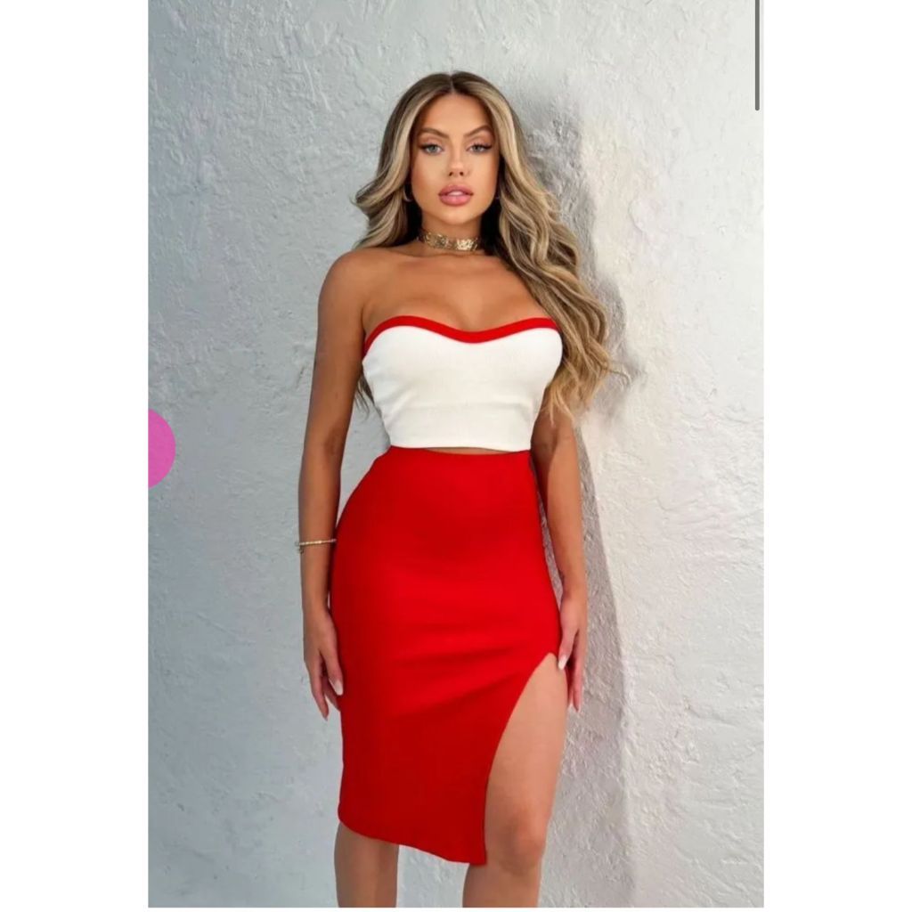 Conjunto Feminino Saia Midi Com Fenda + Cropped Tomara Que Caia sem Bojo