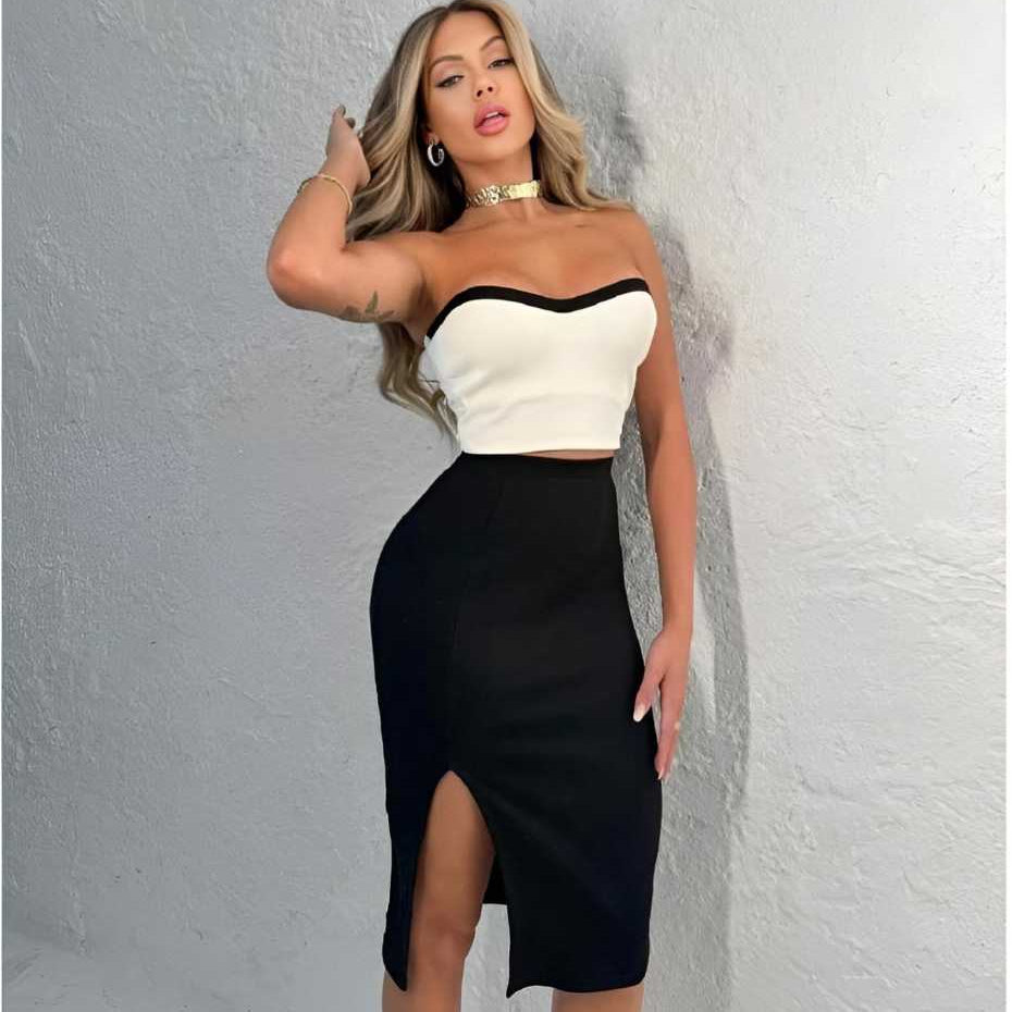Conjunto Feminino Saia Midi Com Fenda + Cropped Tomara Que Caia sem Bojo