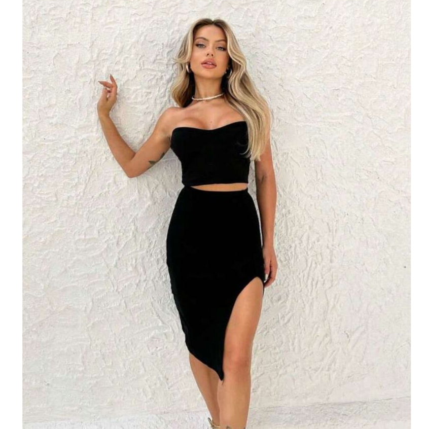 Conjunto Feminino Saia Midi Com Fenda + Cropped Tomara Que Caia sem Bojo